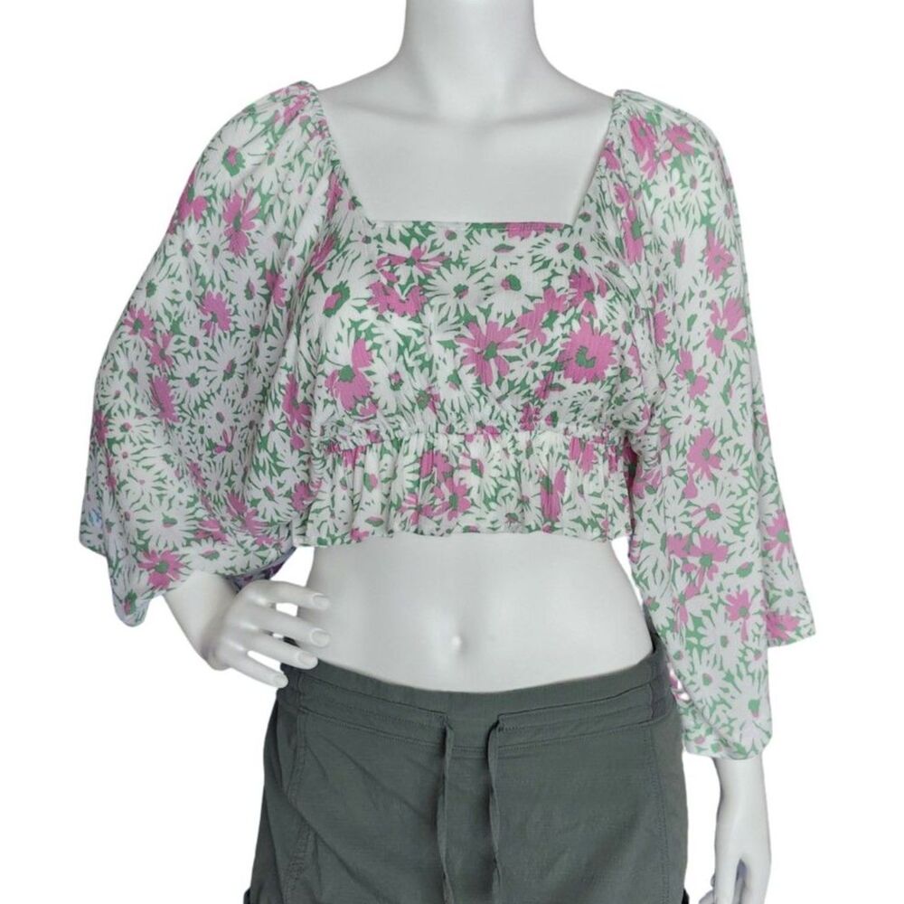Chaser Monarch Grass Daisy Floral Crop Top Balloon Kimono Sleeve Size Small